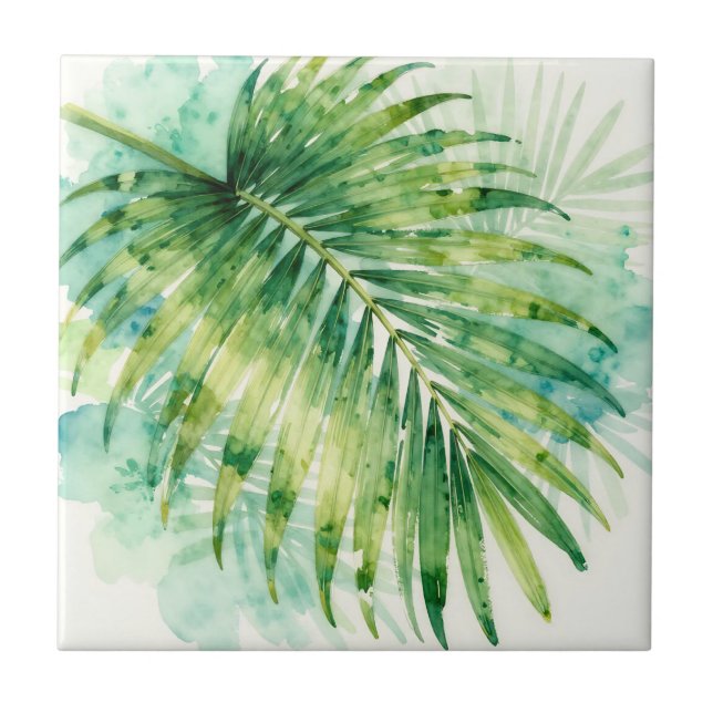 Frodig Grön Palmblad Watercolor Tropisk  Kakelplatta (Framsidan)