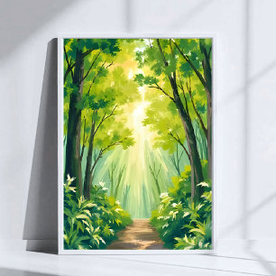 Frodig Grön Skog Natur Landskap Akvarell Poster
