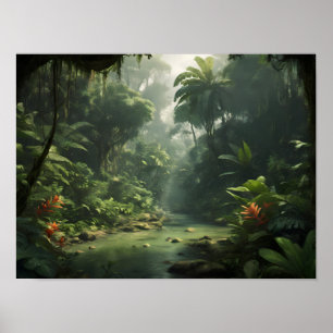 Frodig Grön Tropisk Regnskog Djungel Flod Poster