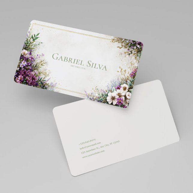 Frodig Lila Blommig Trädgård Akvarell Guld Ram Visitkort (Skapare uppladdad)