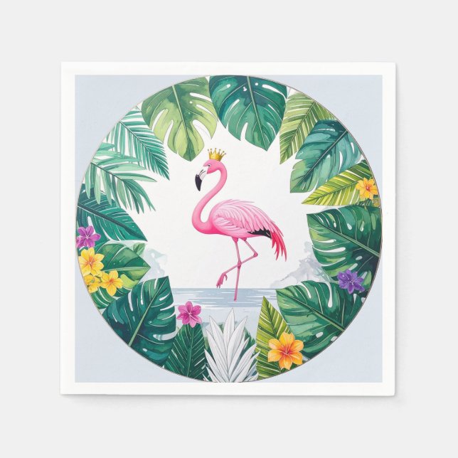 Frodig löv | Elegant rosa flamingokrona tropisk Pappersservett (Framsidan)