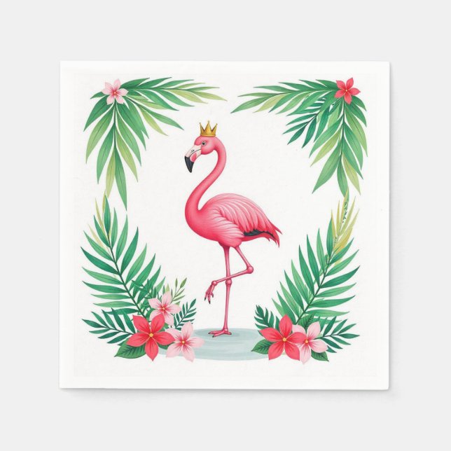 Frodig löv | Elegant rosa flamingokrona tropisk Pappersservett (Framsidan)