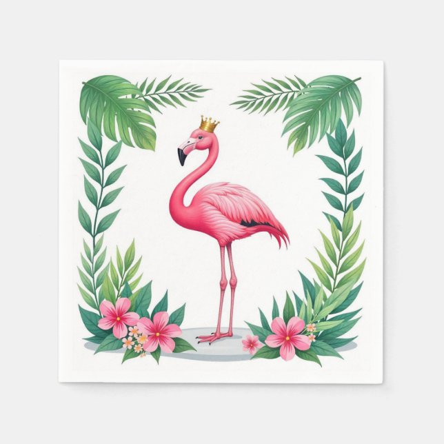 Frodig löv | Elegant rosa flamingokrona tropisk Pappersservett (Framsidan)