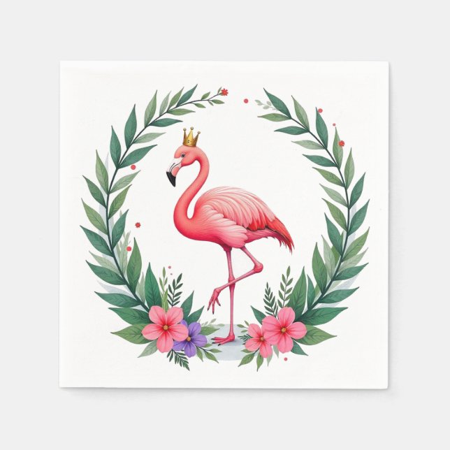 Frodig Lövrik | Elegant Rosa Flamingokrona Tropisk Pappersservett (Framsidan)