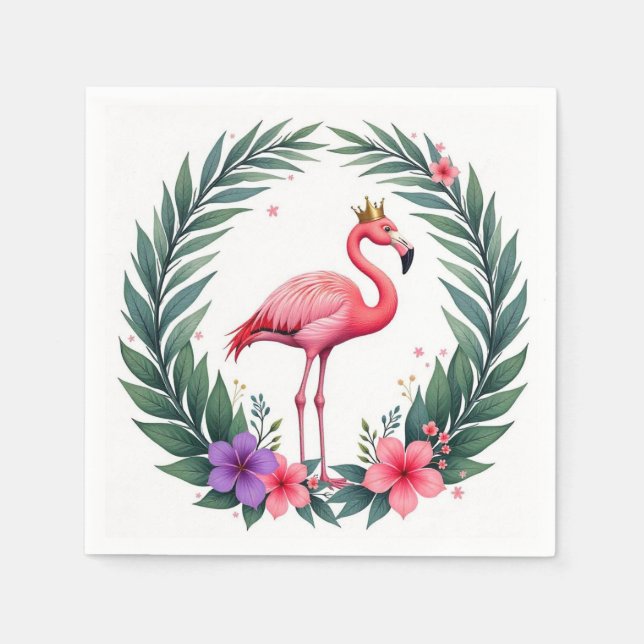 Frodig Lövrik | Elegant Rosa Flamingokrona Tropisk Pappersservett (Framsidan)