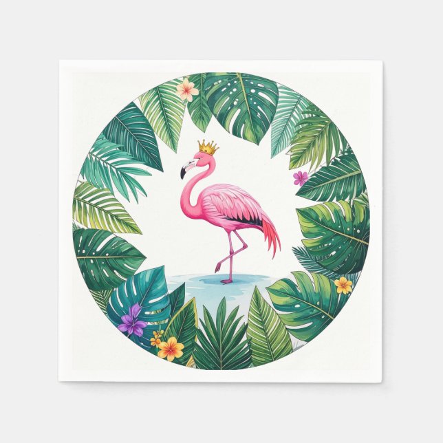 Frodig Lövrik | Elegant Rosa Flamingokrona Tropisk Pappersservett (Framsidan)