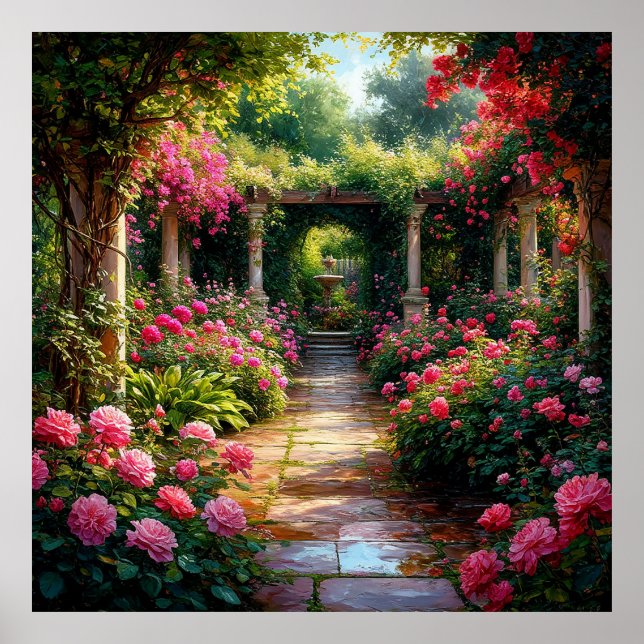 Frodig trädgårdsgång med rosenbuskar poster (Framsidan)