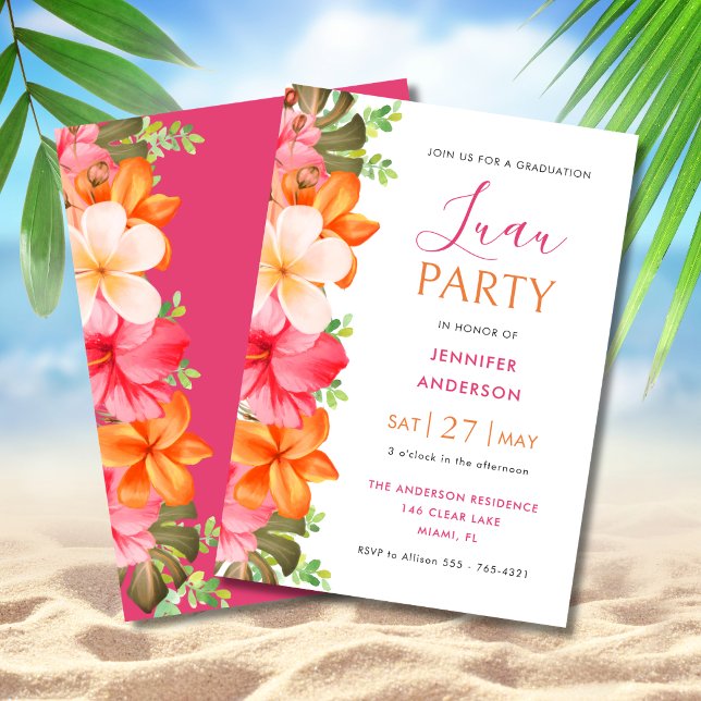 Frodig Tropisk Blommig Examen Luau Rosa Inbjudningar (Skapare uppladdad)