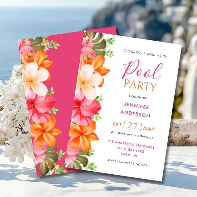 Frodig Tropisk Blommig Examen Poolparty Inbjudningar (Skapare uppladdad)