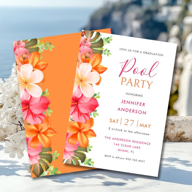Frodig Tropisk Blommig Examen Poolparty Rosa Inbjudningar (Skapare uppladdad)