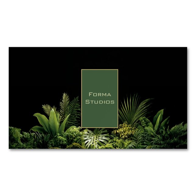 Frodig Tropisk Grönska Svart Guld Ram Botanisk Magnetiska Visitkort (Framsida)
