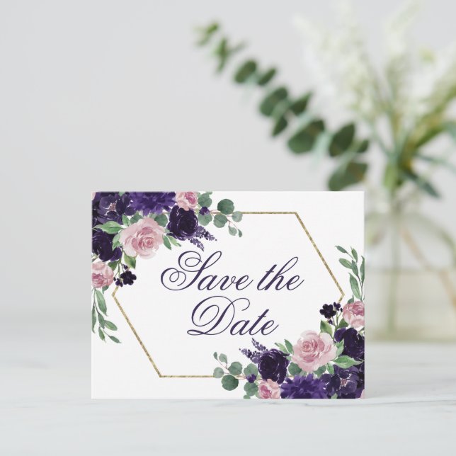 Frodiga Blommor | Lila och Rosa Rosor Spara Datum Vykort (Stående Fram)
