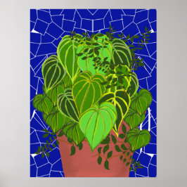 Frodiga gröna blad i terrakotta på blå mosaik poster