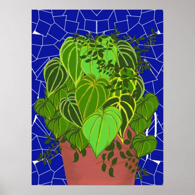 Frodiga gröna blad i terrakotta på blå mosaik poster (Framsidan)