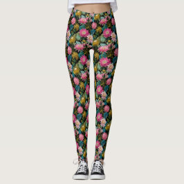 Frodiga Tropiska Blad Rosa Exotiska Blommor Botani Leggings
