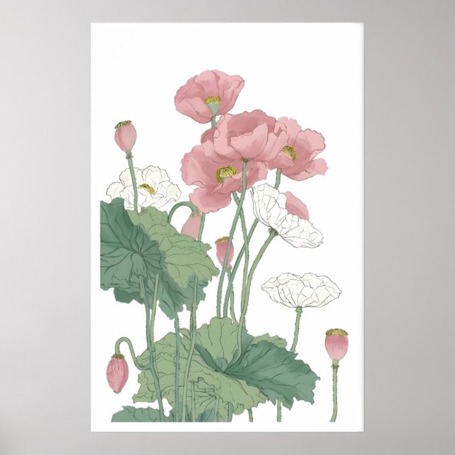 Frodiga vallmoblommor tryck - Luftiga rosa blommor (Framsidan)