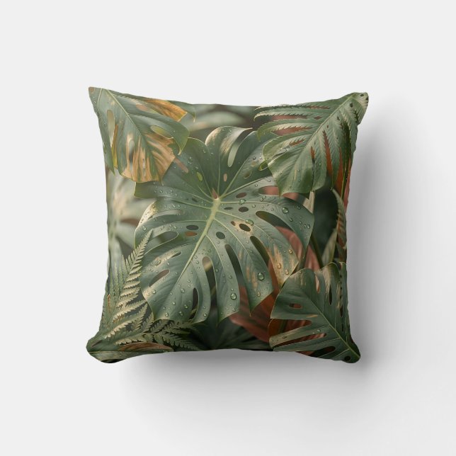 Frodiga våta Monstera blad ormbunkar tropisk djung Kudde (Framsida)