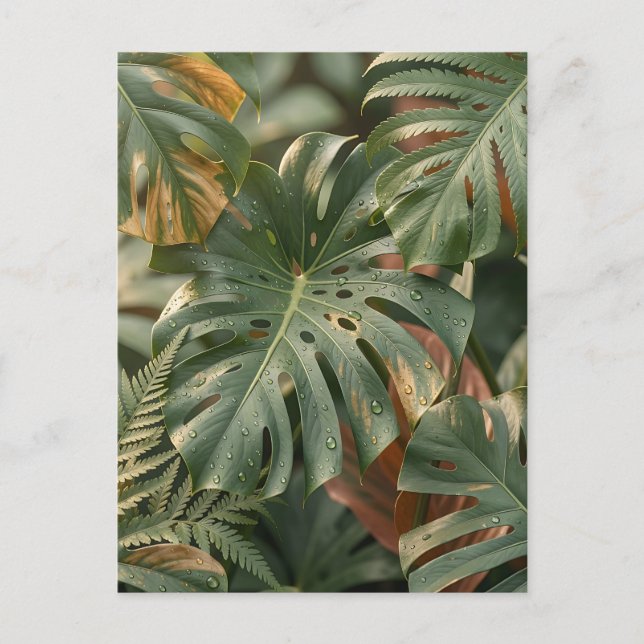 Frodiga våta Monstera blad ormbunkar tropisk djung Vykort (Framsida)