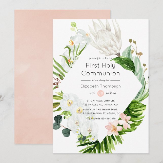 Frodigt paradis Tropiska blommor Första kommunion Inbjudningar (Fram/baksida)