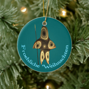 Froehliche Weihnachten - Fractal Inuit Hunter Julgransprydnad Keramik