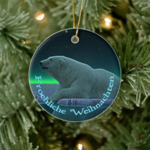 Froehliche Weihnachten - Polar Bear i isse Kant Julgransprydnad Keramik