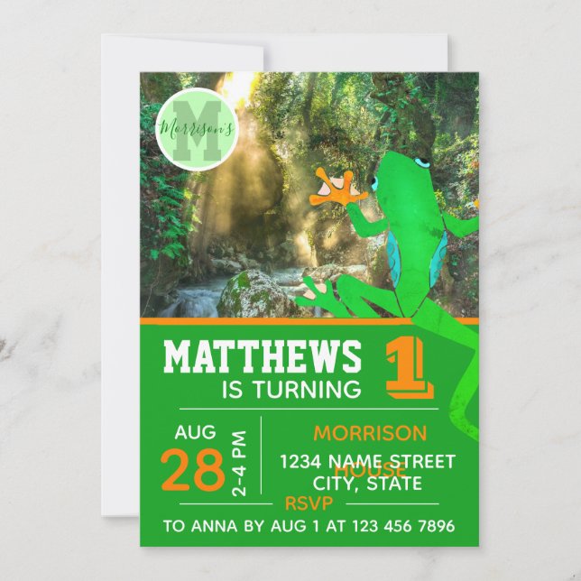 Frog 1:a födelsedag party-tropiska vilda djur inbjudningar (Framsida)