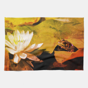 Frog Admiring Vatten Lily Abstrakt Distress Kökshandduk