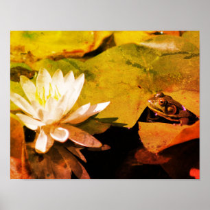 Frog Admiring Vatten Lily Abstrakt Grunge Poster