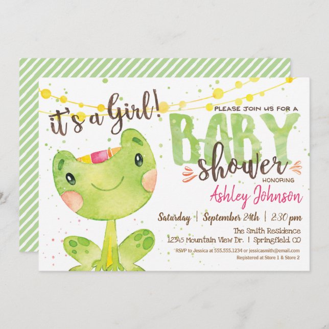 Frog Baby Shower-inbjudan, flicka Inbjudningar (Fram/baksida)