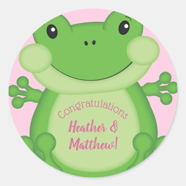 Frog Baby Shower Rosa Runt Klistermärke (Framsida)