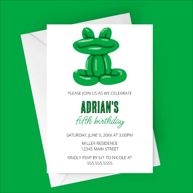 Frog Balloon Animal Födelsedagsfest Inbjudningar (Green Frog Balloon Animal Birthday Party Invitation )