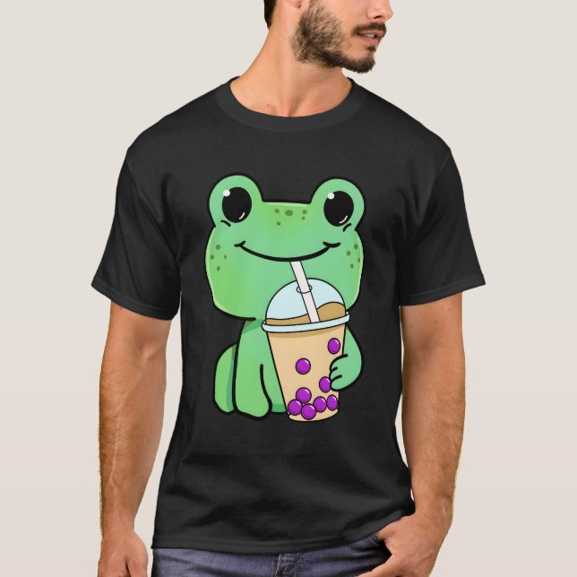 Frog Drinking Bubble Tea T Shirt (Framsida)
