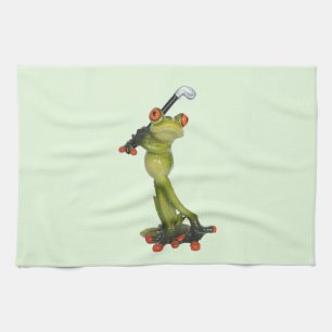 Frog Figurine Golfer on Kitchen & Sports Towel Kökshandduk