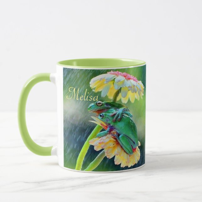 Frog Friends Flowers Rain Gift Namn-kaffe Mugg (Vänster)