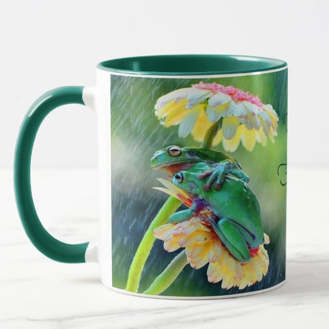 Frog Friends som gillar regnet under en blomma Mugg (Skapare uppladdad)