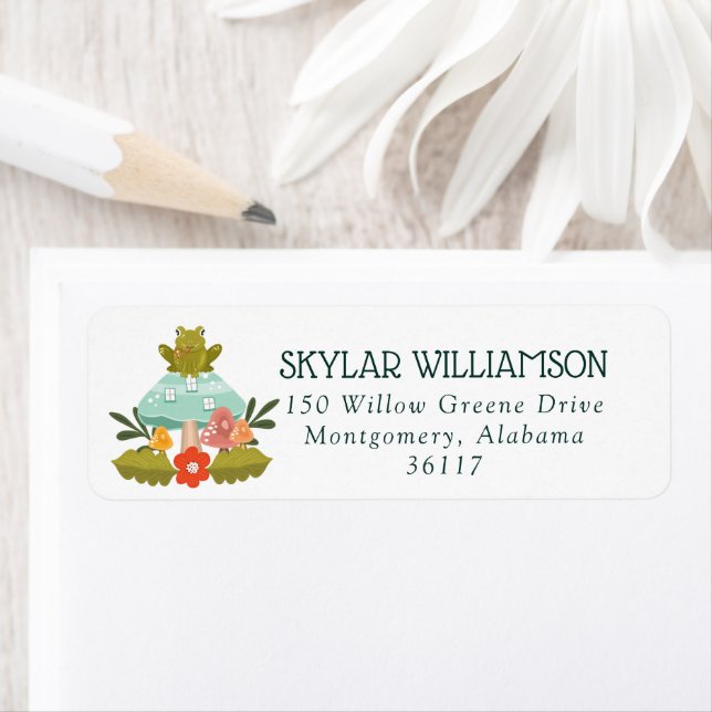 Frog Garden Mushroom Village Autumn Fall Blad Returadress Etikett (Insitu)