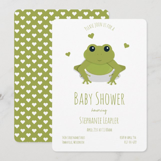 Frog Grönt Cute Animal Baby Shower Inbjudningar (Fram/baksida)
