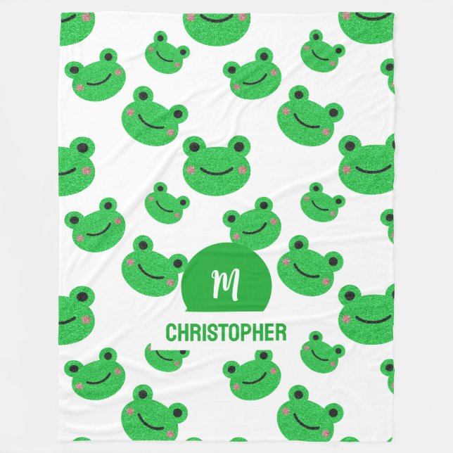 Frog Happy Face Mönster Grön Monogram Skola Fleecefilt (Framsidan)
