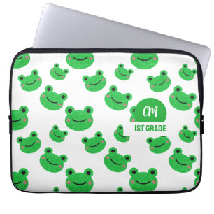Frog Happy Face Mönster Grön Monogram Skola Laptop Fodral