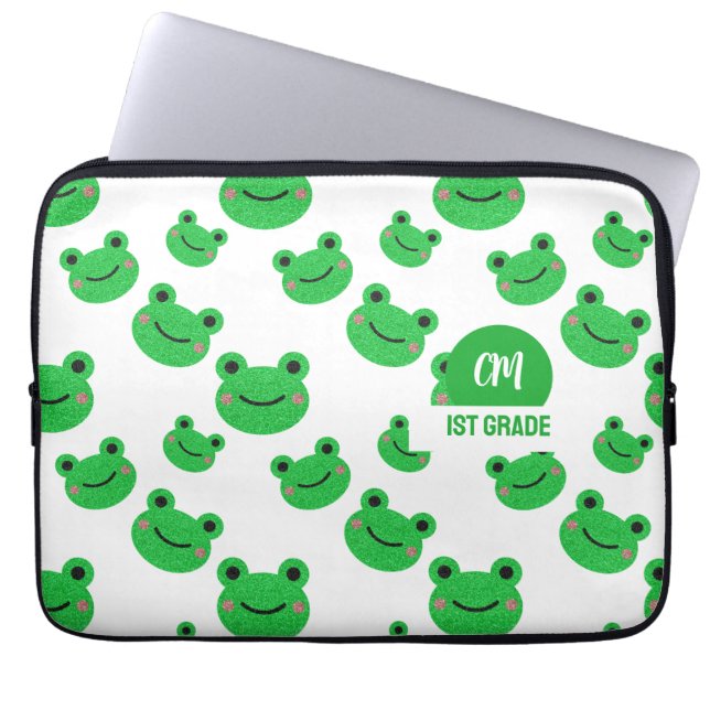 Frog Happy Face Mönster Grön Monogram Skola Laptop Fodral (Framsidan)