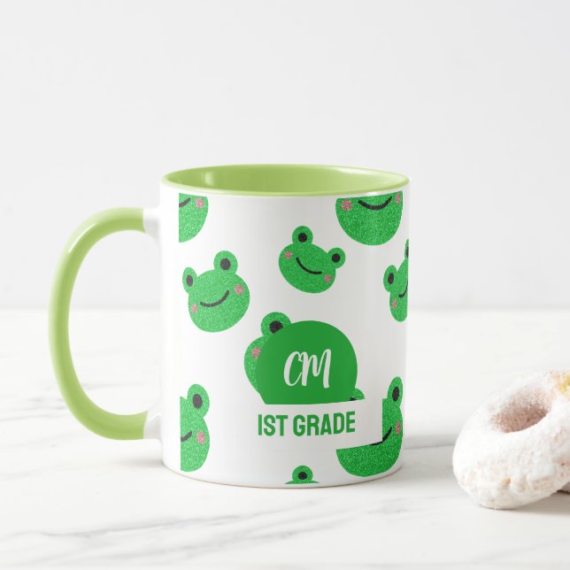 Frog Happy Face Mönster Grön Monogram Skola Mugg (Med munk)