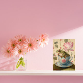 Frog i Blue Blommigt Tekopp med Lotus Flower Helg Vykort