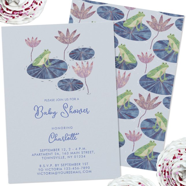Frog i en Lily Pond Cute Baby Shower Inbjudningar (Frog fun gender neutral boy or girl baby shower invitation with custom text)