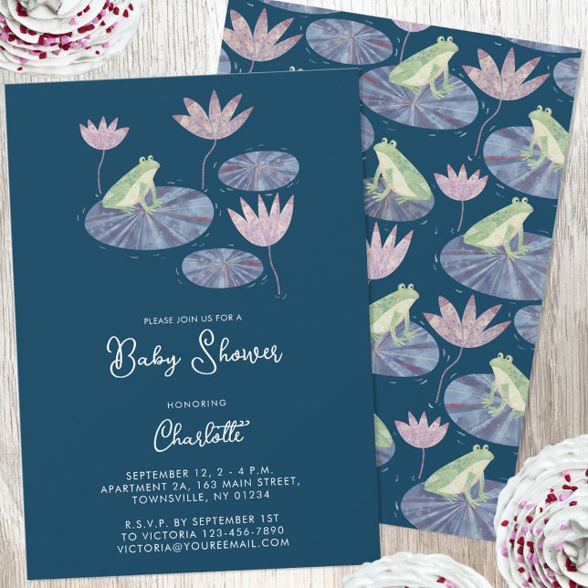 Frog i en Lily Pond Cute Baby Shower Inbjudningar (Fun frog gender neutral personalized custom text baby shower invitation for baby boy or girl)