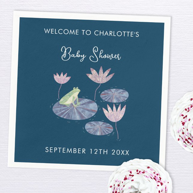 Frog i en Lily Pond Cute Baby Shower Pappersservett (Cute frog themed baby shower personalized paper party napkins)