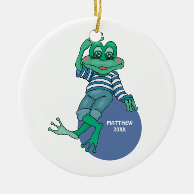 Frog i Jeans, Birthday, Polka dots Julgransprydnad Keramik (Framsidan)
