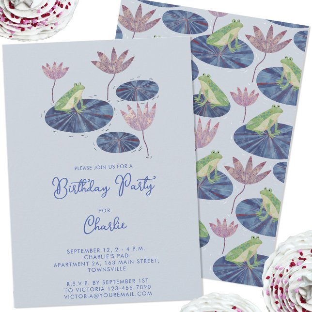 Frog i Lily Pond Cute Barns födelsedag Party Inbjudningar (Cute frog themed kids birthday party invitation with custom personalized text)