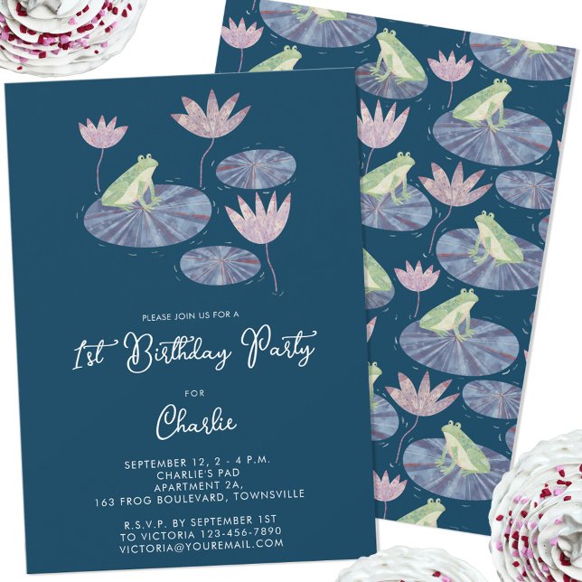 Frog i Lily Pond Cute Första födelsedag Party Inbjudningar (Cute frog themed personalized first 1st custom age and text birthday party invitation)