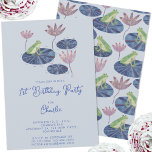 Frog i Lily Pond Cute Kids Första Födelsedagsfeste Inbjudningar<br><div class="desc">Vattenfärgsgroda på en löv-roligt i vatten som är perfekt för en djurälskares första födelsedagsinbjudan. Du kan enkelt anpassa inbjudan efter dina önskemål genom att ändra texten,  inklusive ålder. Könsneutral för en pojke eller flicka. Originalkonst av Nic Squirrell.</div>