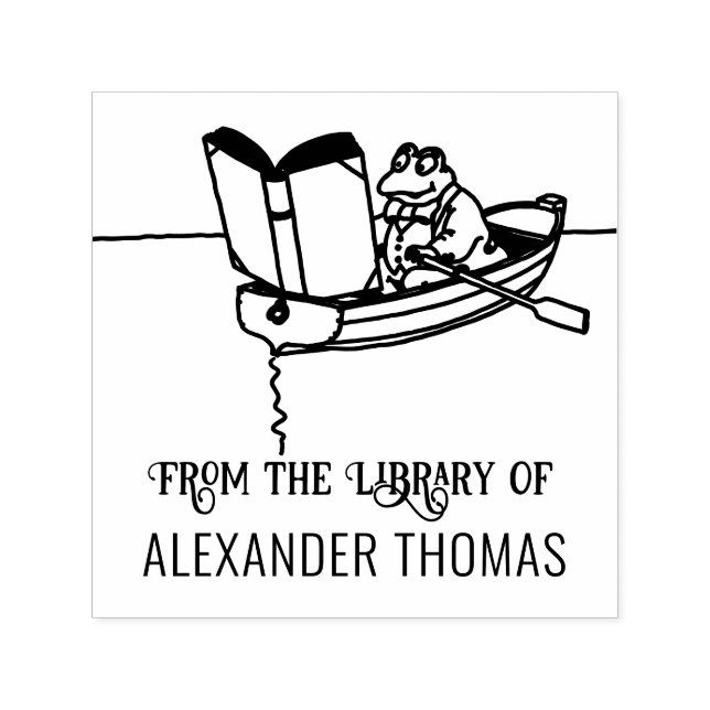 Frog in Row Boat Reading Book Library Name Självfärgande Stämpel (Design)